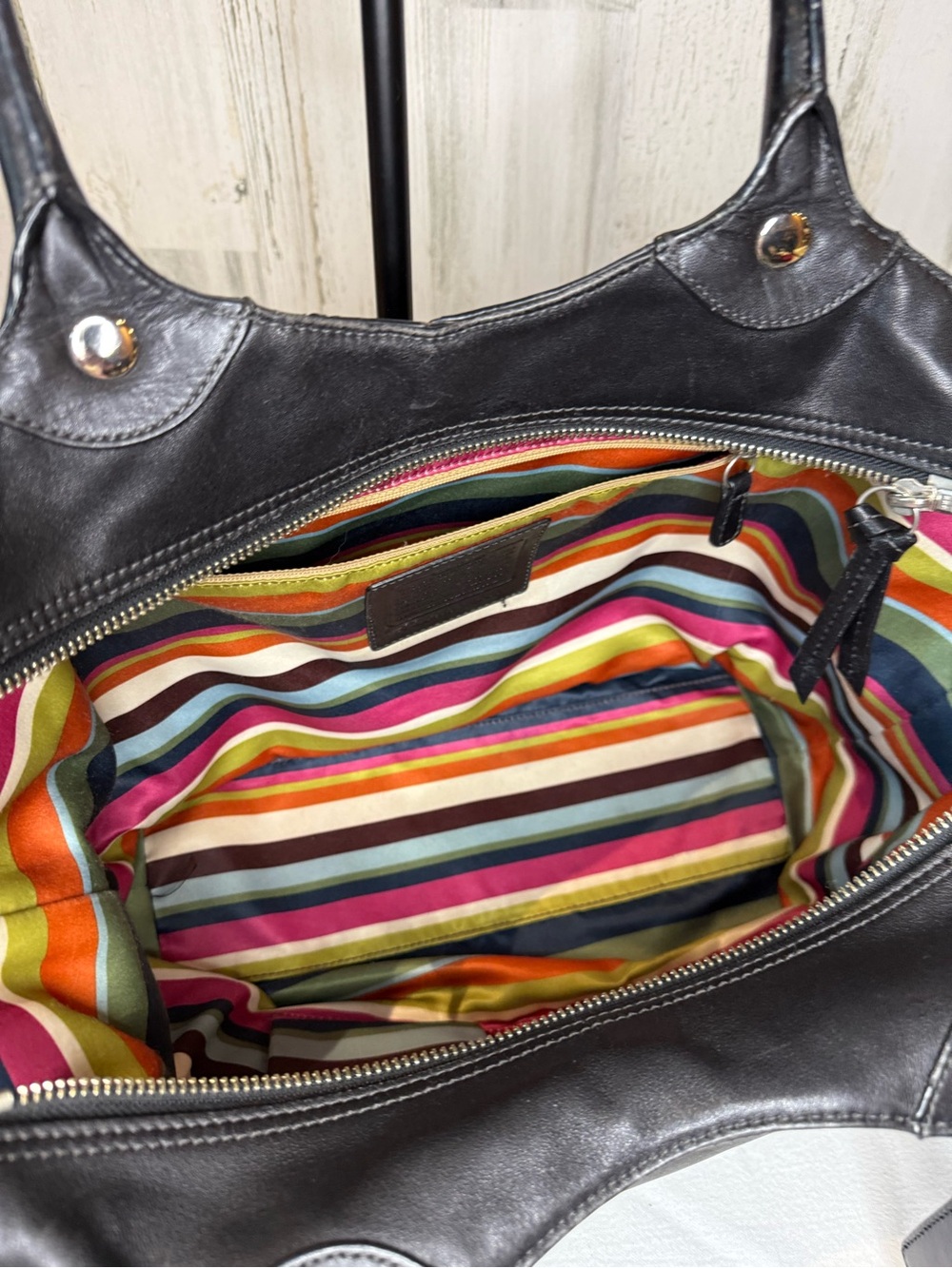 COACH Bleeker Black Leather Shoulder Tote with Legacy Stripe Lining 09’ 14383 - Picture 6 of 9